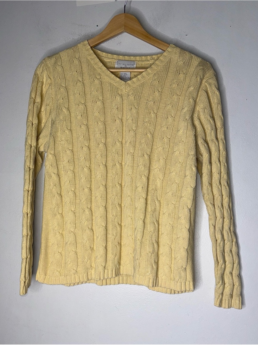 vintage christopher and banks Butter Yellow Cable Knit V Neck Rame Cotton Medium